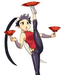  1girl animal_on_head balancing bare_shoulders bird bird_on_head black_hair bowl capri_pants chinese_clothes feng_(skullgirls) leg_lift multicolored_hair red_eyes short_hair skullgirls small_breasts solo standing_on_one_leg triple_wielding tsukudani_(coke-buta) two-tone_hair vambraces white_hair 