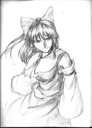  1girl bow detached_sleeves graphite_(medium) hair_bow hair_tubes hakurei_reimu kusabi_(fatesyuki23) looking_away monochrome short_hair sleeves_past_wrists solo touhou traditional_media 