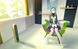 book brown_hair chair dress green_eyes hairband highres long_hair mary_janes nagimiso original pantyhose plant shelf shoes sitting speaker window 