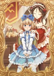  2girls alternate_costume black_hair black_legwear blonde_hair blue_eyes blush bow breasts chair closed_eyes dress e20 girls_und_panzer gothic_lolita hair_bow hands_on_another's_shoulders headdress katyusha lolita_fashion long_hair long_sleeves multiple_girls nonna open_mouth pantyhose short_hair sitting smile stuffed_animal stuffed_toy teddy_bear thigh-highs white_legwear 