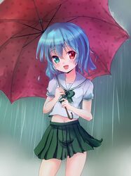  1girl :d alternate_costume blue_eyes blue_hair blush heterochromia highres navel open_mouth rain red_eyes school_uniform serafuku short_hair skirt smile solo tatara_kogasa touhou umbrella water yura_(jadestern) 