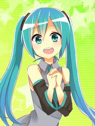  1girl aqua_eyes aqua_hair detached_sleeves hands_clasped hatsune_miku long_hair necktie ochazuke open_mouth solo star twintails vocaloid 