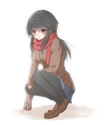  1girl black_hair black_legwear blush hiro_(hirohiro31) long_hair original pantyhose scarf simple_background skirt solo squatting white_background 
