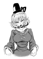  1girl annoyed hat kitayuki_kajika monochrome open_mouth short_hair soga_no_tojiko tate_eboshi touhou 