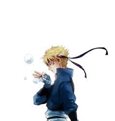  1boy blonde_hair blue_jacket bubble caesar_anthonio_zeppeli facial_mark fingerless_gloves gloves headband jacket jojo_no_kimyou_na_bouken musahomo scarf solo 
