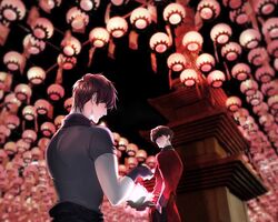  2boys brown_hair chinese_clothes fingerless_gloves gloves krissss lantern multiple_boys original paper_lantern 