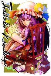  1girl :< book chair crescent hat highres jonasan_(bad-t) long_hair looking_back patchouli_knowledge purple_hair reading ribbon sitting solo touhou yellow_eyes 