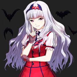  1girl bat fingerless_gloves gloves glowing glowing_eyes grey_background hair_ornament hairband hairclip idolmaster long_hair pink_eyes puffy_sleeves shijou_takane shin_(world_3000) short_sleeves silver_hair smile solo 