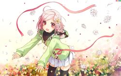  1girl :d black_legwear braid field flower flower_field h2so4 highres hoodie long_sleeves open_mouth pink_eyes pink_hair ribbon skirt skirt_lift smile tagme thigh-highs your_diary yua_(your_diary) zettai_ryouiki 