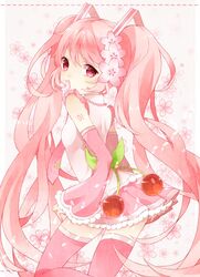  1girl cherry detached_sleeves flower food fruit hair_flower hair_ornament hatsune_miku long_hair looking_back necktie petals pink_eyes pink_hair sakura_miku skirt solo thigh-highs twintails very_long_hair vocaloid yuni_(irohasuiroiro) 