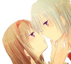  2girls akemi_homura black_hair blue_eyes blue_hair eye_contact hair_ornament hairband hairclip incipient_kiss long_hair looking_at_another lowres mahou_shoujo_madoka_magica miki_sayaka mizuki_(flowerlanguage) multiple_girls school_uniform short_hair violet_eyes yuri 