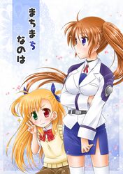  3girls :3 blonde_hair blush brown_hair cover cover_page green_eyes hair_ribbon heterochromia long_hair long_sleeves lyrical_nanoha mahou_shoujo_lyrical_nanoha_strikers military military_uniform multiple_girls petals red_eyes red_ribbon ribbon shinozuki_takumi short_sleeves side_ponytail skirt sweater_vest takamachi_nanoha thigh-highs translation_request two_side_up uniform v violet_eyes vivio white_legwear 