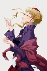  1girl beatrice blonde_hair closed_eyes flower hair_bun hair_flower hair_ornament necktie profile rose shawl umineko_no_naku_koro_ni vest yachiwo 