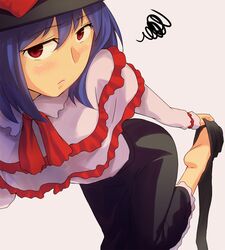  1girl blue_hair blush hat nagae_iku pantyhose red_eyes shinburu short_hair simple_background tagme touhou 