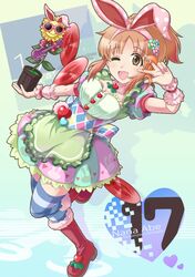  1girl abe_nana animal_ears boots bow brown_eyes brown_hair dancing_flower dress flower hair_ribbon idolmaster idolmaster_cinderella_girls leg_up open_mouth ponytail rabbit_ears ribbon satomurakyo short_hair smile solo striped striped_legwear sunglasses thigh-highs toy v wink 