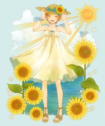  1girl ^_^ blush brown_hair closed_eyes dress flower happy hat highres original sandals short_hair sky solo straw_hat sun sunflower water 