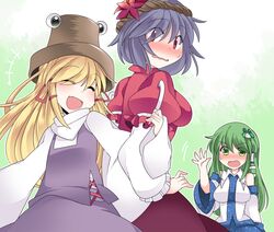  3girls :d blonde_hair blush breasts commentary_request detached_sleeves fang frog_hair_ornament green_eyes green_hair hair_ornament hammer_(sunset_beach) hat kochiya_sanae large_breasts long_hair moriya_suwako multiple_girls open_mouth purple_hair red_eyes smile snake_hair_ornament touhou yasaka_kanako 