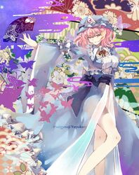  1girl butterfly character_name dress fan folding_fan hat japanese_clothes pink_eyes pink_hair robin_(alicework) saigyouji_yuyuko solo touhou triangular_headpiece 