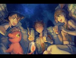  1girl 2boys black_hair brown_eyes brown_hair charmander closed_eyes cup fingerless_gloves gloves green_eyes kane kasumi_(pokemon) kettle multiple_boys night no_hat no_headwear open_mouth orange_hair pokemon pokemon_(anime) satoshi_(pokemon) side_ponytail sky smile star_(sky) starry_sky suspenders takeshi_(pokemon) vest 