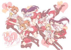  6+girls ayase_eli black_legwear boots fingerless_gloves floating fujieda_miyabi gloves hat hoshizora_rin koizumi_hanayo kousaka_honoka love_live!_school_idol_project minami_kotori multiple_girls nishikino_maki pointing sonoda_umi thigh-highs thigh_strap toujou_nozomi yazawa_nico 