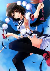 1girl black_hair black_legwear fan fountain_pen frills hat highres mushroom_(artist) pen red_eyes shameimaru_aya skirt smile solo thigh-highs tokin_hat touhou wings 