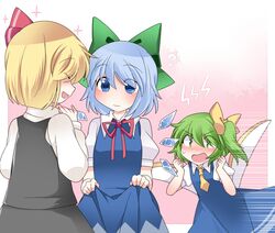  3girls blonde_hair blue_eyes blue_hair blush bow cirno commentary daiyousei fairy_wings green_eyes green_hair hair_bow hair_ribbon hammer_(sunset_beach) ice ice_wings multiple_girls open_mouth ribbon rumia side_ponytail touhou wings 