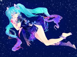  1girl :< aqua_eyes aqua_hair creature feet hatsune_miku long_hair solo star tsuneaki_(dosnan) twintails very_long_hair vocaloid wink 
