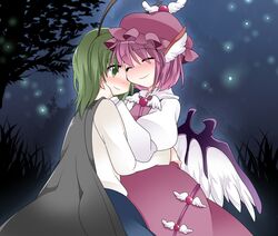  2girls animal_ears antennae blush cape closed_eyes commentary_request fireflies green_eyes green_hair hammer_(sunset_beach) hat hug multiple_girls mystia_lorelei pink_hair short_hair smile touhou wings wriggle_nightbug yuri 