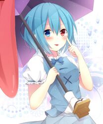  1girl :p blue_eyes blue_hair blush bow heterochromia karakasa_obake komomo_(ptkrx) rain red_eyes short_hair short_sleeves skirt smile solo tatara_kogasa tongue touhou umbrella water water_drop 