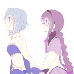  2girls akemi_homura armband black_hair blue_eyes blue_hair braid cape glasses gloves hair_ornament hairband hairclip long_hair lowres magical_girl mahou_shoujo_madoka_magica mahou_shoujo_madoka_magica_movie miki_sayaka mizuki_(flowerlanguage) multiple_girls short_hair tug twin_braids violet_eyes 