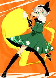  1girl black_legwear flower ghost green_eyes hair_ribbon hairband hitodama ishiaji katana konpaku_youmu konpaku_youmu_(ghost) ribbon sheath short_hair silver_hair solo sword touhou vest weapon 