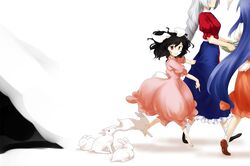  3girls animal_ears barefoot black_hair blue_hair bunny_tail dress inaba_tewi long_hair multiple_girls pink_dress rabbit rabbit_ears red_eyes reisen_udongein_inaba shinburu short_hair silver_hair tagme tail touhou yagokoro_eirin 