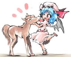  1girl bat_wings dress fang hat hat_ribbon highres licking_face open_mouth petting pink_dress pony puffy_sleeves red_eyes remilia_scarlet ribbon shinapuu short_sleeves simple_background smile standing_on_one_leg touhou white_background wings wink 