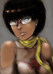  1girl bare_shoulders black_hair breasts brown_eyes dark_skin detached_sleeves ear_studs earrings eyelashes glasses highres jewelry large_breasts lips lipstick makeup nose original over-rim_glasses red-framed_glasses scarf semi-rimless_glasses short_hair simple_background solo tikantz 