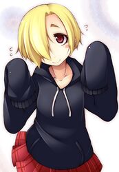  1girl blonde_hair blush_stickers hair_over_one_eye hoodie idolmaster idolmaster_cinderella_girls plaid plaid_skirt shachi_kamaboko shirasaka_koume short_hair skirt sleeves_past_wrists smile solo 