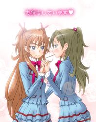  2girls blue_eyes blush breast_grab brown_hair embarrassed eunos frown green_eyes hair_bobbles hair_ornament half_updo holding_hands houjou_hibiki long_hair minamino_kanade mouth_hold multiple_girls pocky precure school_uniform suite_precure two_side_up white_background yuri 