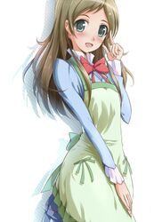  apron blazer blush brown_hair green_eyes highres long_hair long_sleeves minamino_kanade okb329 open_mouth precure ribbon school_uniform skirt suite_precure 