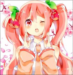  1girl cherry detached_sleeves food fruit hatsune_miku long_hair necktie open_mouth petals red_eyes redhead sakura_miku solo twintails vocaloid wink 