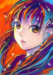  acrylic_paint_(medium) brown_eyes brown_hair colorful face hair_ornament hairpin lips long_hair nose original portrait school_uniform tatsumi_(serao) traditional_media twintails 