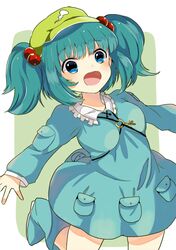 1girl backpack bag blue_eyes blue_hair boots dress hair_bobbles hair_ornament hat juu_shoku_(hanken_aka) kawashiro_nitori key long_sleeves open_mouth short_hair smile solo touhou twintails 