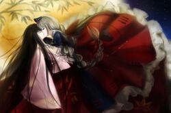  2girls artist_request black_hair braid dress frilled_dress frills full_moon hat highres houraisan_kaguya kiss long_hair moon multiple_girls nurse_cap silver_hair star_(sky) touhou tree_branch trigram yagokoro_eirin yuri 