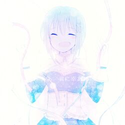  1girl blue_hair cape closed_eyes gloves hair_ornament hairclip lowres magical_girl mahou_shoujo_madoka_magica mahou_shoujo_madoka_magica_movie miki_sayaka mizuki_(flowerlanguage) ribbon short_hair simple_background smile solo translation_request 