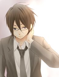  1boy blue_eyes brown_hair glasses hyouka necktie rito453 short_hair solo tohgaito_masashi 