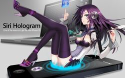  1girl an2a apple_inc. blue_eyes breasts cleavage cleavage_cutout english expressionless headphones high_heels highres icon iphone legs long_hair long_sleeves nail_polish necktie pen phone purple_hair purple_legwear quill shoes siri sitting smartphone solo tagme thigh-highs wallpaper 
