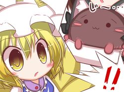  2girls :3 blonde_hair blush cat chen chibi fox_tail hat kaenbyou_rin kaenbyou_rin_(cat) lilywhite_lilyblack multiple_girls multiple_tails short_hair tail yakumo_ran yellow_eyes 