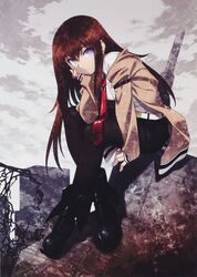  1girl absurdres belt blue_eyes brown_hair highres jacket kuuchuu_yousai legwear_under_shorts long_hair makise_kurisu necktie pantyhose phantom_breaker shorts steins;gate 