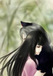  2girls absurdres artist_request bamboo black_hair hat highres houraisan_kaguya hug long_hair multiple_girls nurse_cap red_eyes silver_hair tears touhou yagokoro_eirin yuri 