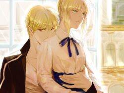  1boy 1girl ahoge blonde_hair dress fate/stay_night fate_(series) gilgamesh green_eyes red_eyes saber sabre_selles 