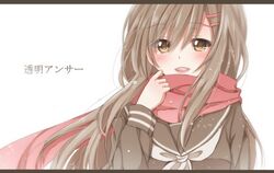  1girl ayano_(kagerou_project) blush brown_eyes brown_hair hiro_(hirohiro31) kagerou_project long_hair open_mouth scarf school_uniform serafuku simple_background smile tears translation_request white_background 