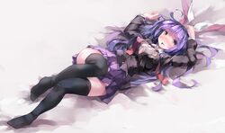  1girl animal_ears black_legwear blazer blush breasts brooch crescent jewelry long_hair lying necktie nodata open_mouth purple_hair rabbit_ears red_eyes reisen_udongein_inaba skirt solo tears thigh-highs touhou 
